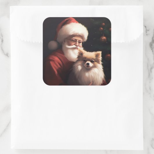 ポメラニア犬とサンタクロースフェスティバルクリスマス スクエアシール (バッグ)
