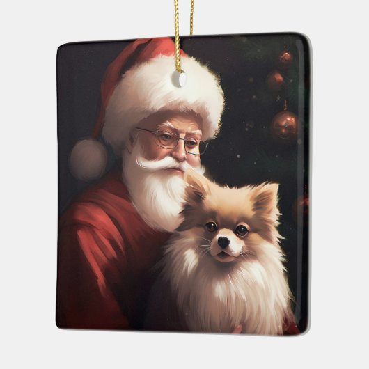 ポメラニア犬とサンタクロースフェスティバルクリスマス セラミックオーナメント (左)