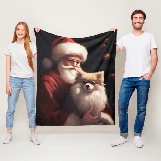 ポメラニア犬とサンタクロースフェスティバルクリスマス フリースブランケット (インサイチュ)