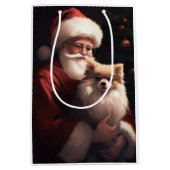 ポメラニア犬とサンタクロースフェスティバルクリスマス ミディアムペーパーバッグ (正面)