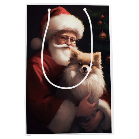 ポメラニア犬とサンタクロースフェスティバルクリスマス ミディアムペーパーバッグ (正面)