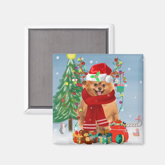 ポメラニア犬のプレゼント付き犬 マグネット (正面/裏面)