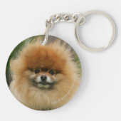 ポメラニア犬のヘッドショットがカメラを見る キーホルダー (裏面)