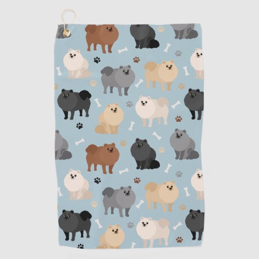 ポメラニア犬の前足プリントと犬の骨 ゴルフタオル (正面)