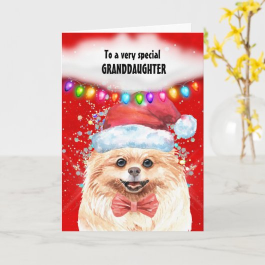 ポメラニア犬の孫娘クリスマスはサンタを願う カード (黄色い花)