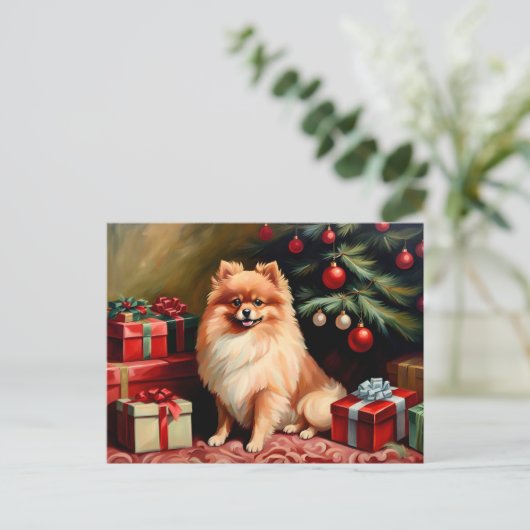 ポメラニア犬の木に座って ポストカード (スタンド正面)