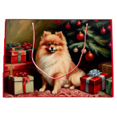 ポメラニア犬の木に座って ラージペーパーバッグ (正面)