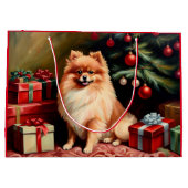 ポメラニア犬の木に座って ラージペーパーバッグ (裏面)