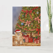 ポメラニア犬の水色クリスマスツリーカード カード (正面)