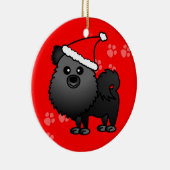 ポメラニア犬の漫画のサンタのかわいい帽子-黒 セラミックオーナメント (右)
