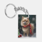 ポメラニア犬の犬が雪のクリスマス キーホルダー (正面左)