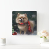 ポメラニア犬の犬が雪のクリスマス スクエア壁時計 (ホーム)