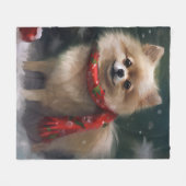ポメラニア犬の犬が雪のクリスマス フリースブランケット (正面(横))