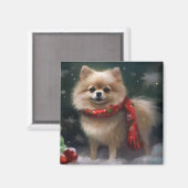 ポメラニア犬の犬が雪のクリスマス マグネット (正面/裏面)