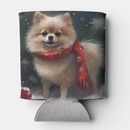 ポメラニア犬の犬が雪のクリスマス 缶クーラー (裏面)