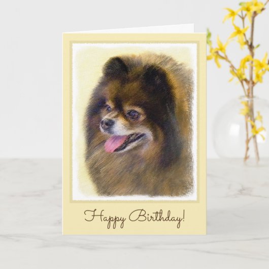 ポメラニア犬の黒およびタンの絵画元の犬の芸術 カード (黄色い花)