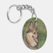 ポメラニア犬のHeadshotの喘ぐこと キーホルダー (正面左)