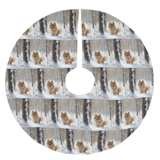 ポメラニア犬は雪のクリスマスを許す ブラッシュドポリエステルツリースカート (正面)