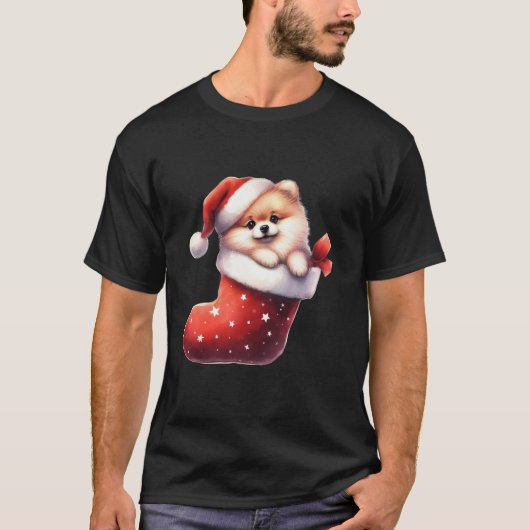 ポメラニア犬インソッククリスマスサンタハットクリスマスドッグロー Tシャツ (正面)