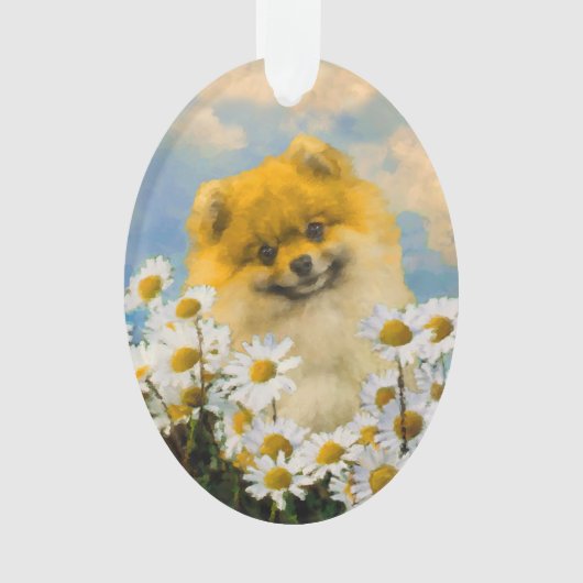 ポメラニア犬インデイジーズ-絵画オリジナルドッグアート オーナメント (正面)
