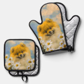 ポメラニア犬インデイジー絵を描ズオリジナルドッグアート 鍋つかみ&鍋敷きセット (正面/裏面)