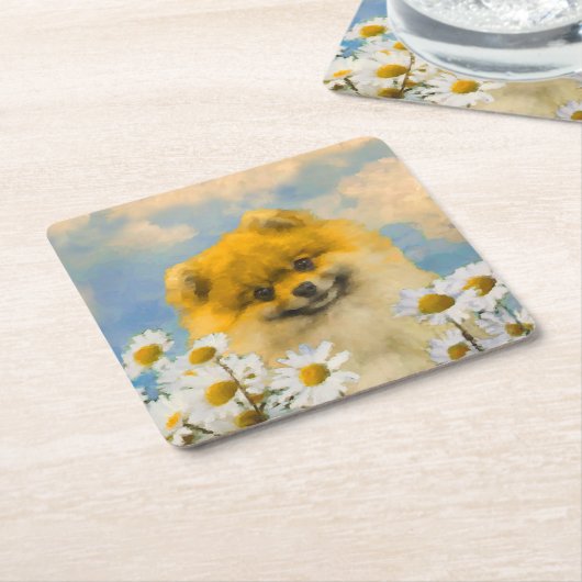 ポメラニア犬インデイジー絵画ズ – オリジナルドッグアート スクエアペーパーコースター (アングル)
