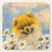 ポメラニア犬インデイジー絵画ズ – オリジナルドッグアート スクエアペーパーコースター (正面)