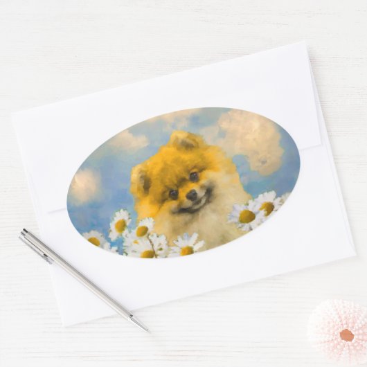 ポメラニア犬インデイジー絵画ズ – オリジナルドッグアート 楕円形シール (封筒)