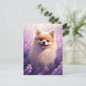ポメラニア犬インラベンダーフィールド ポストカード (スタンド正面)
