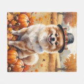ポメラニア犬イン紅葉感謝祭アート フリースブランケット (正面(横))