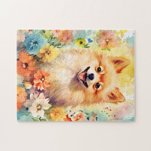 ポメラニア犬カラフル水カラーのアートワーク ジグソーパズル (横)