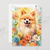 ポメラニア犬カラフル水カラーのアートワーク ポストカード (正面/裏面)