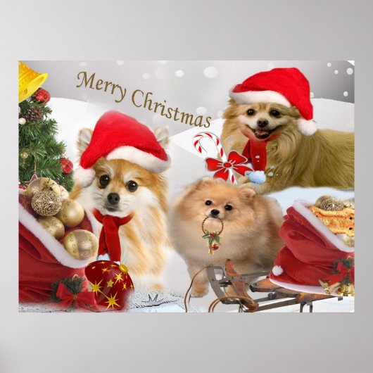 ポメラニア犬クリスマススノーシーンプリント ポスター (正面)
