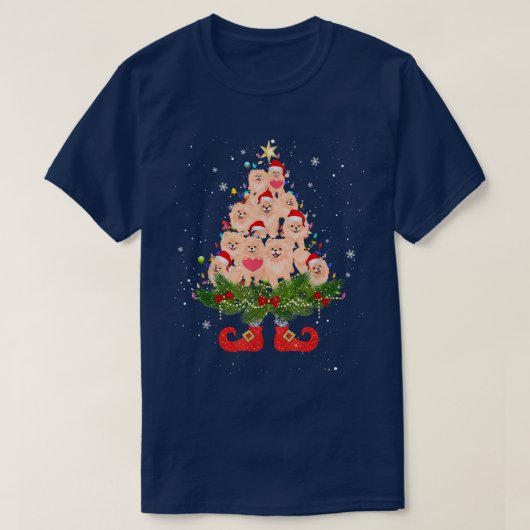 ポメラニア犬クリスマスツリーおもしろいライツサンタハットD Tシャツ (デザイン正面)