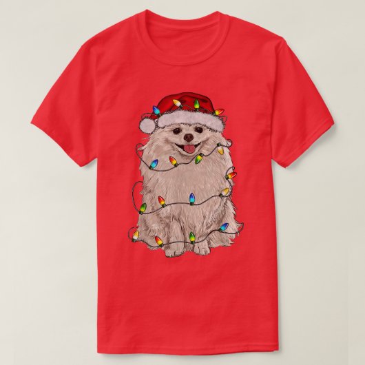 ポメラニア犬クリスマスツリーライトパジャマドッグ恋人X Tシャツ (デザイン正面)
