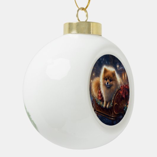 ポメラニア犬クリスマスフェスティバルシーズンブラッシュ セラミックボールオーナメント (左)