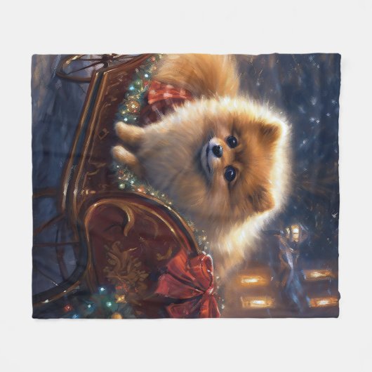 ポメラニア犬クリスマスフェスティバルシーズンブラッシュ フリースブランケット (正面(横))