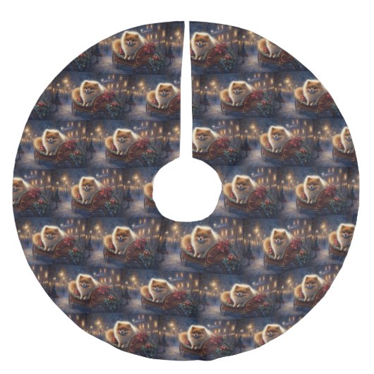 ポメラニア犬クリスマスフェスティバルシーズンブラッシュ ブラッシュドポリエステルツリースカート (正面)