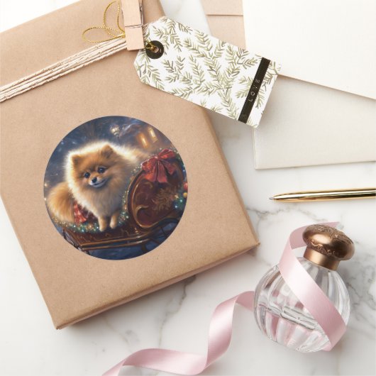 ポメラニア犬クリスマスフェスティバルシーズンブラッシュ ラウンドシール (ギフト)