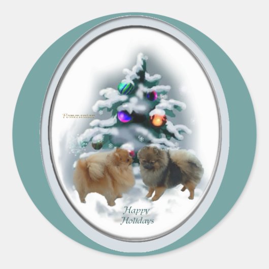 ポメラニア犬クリスマスプレゼント ラウンドシール (正面)