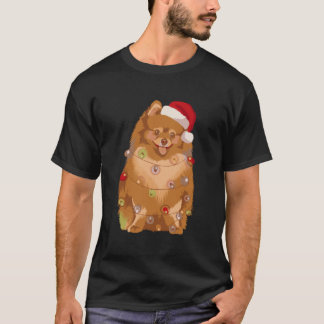 ポメラニア犬クリスマスライトクリスマスポムドッグ恋人 Tシャツ