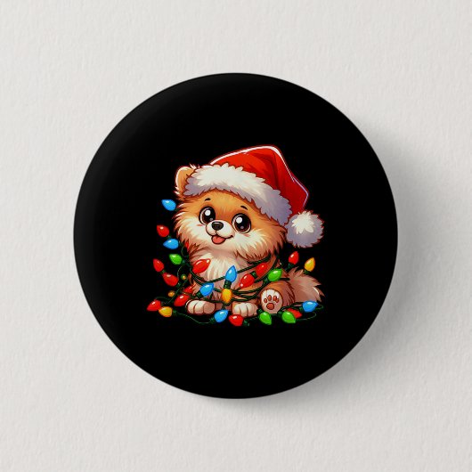ポメラニア犬クリスマスライトドッグおもしろいクリスマス 缶バッジ (正面)