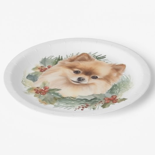 ポメラニア犬クリスマスリースフェスティバルカップ ペーパープレート (アングル)