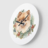 ポメラニア犬クリスマスリースフェスティバルカップ ラージ壁時計 (傾斜)