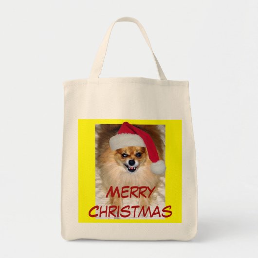 ポメラニア犬サンタクリスマスショッピングバッグ トートバッグ (正面)