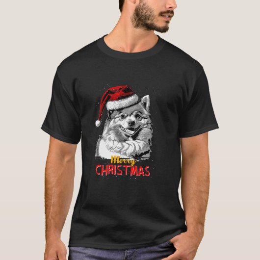 ポメラニア犬サンタクロースハットメリークリスマスドッグX M Tシャツ (正面)