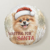 ポメラニア犬サンタpom犬の水色を待っている ラウンドクッション (正面)