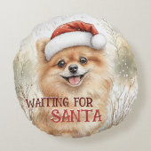 ポメラニア犬サンタpom犬の水色を待っている ラウンドクッション (裏面)
