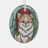 ポメラニア犬ステンドグラスのクリスマス ガラスオーナメント (正面右)