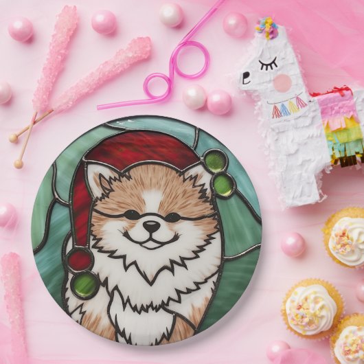 ポメラニア犬ステンドグラスのクリスマス ペーパープレート (パーティー)
